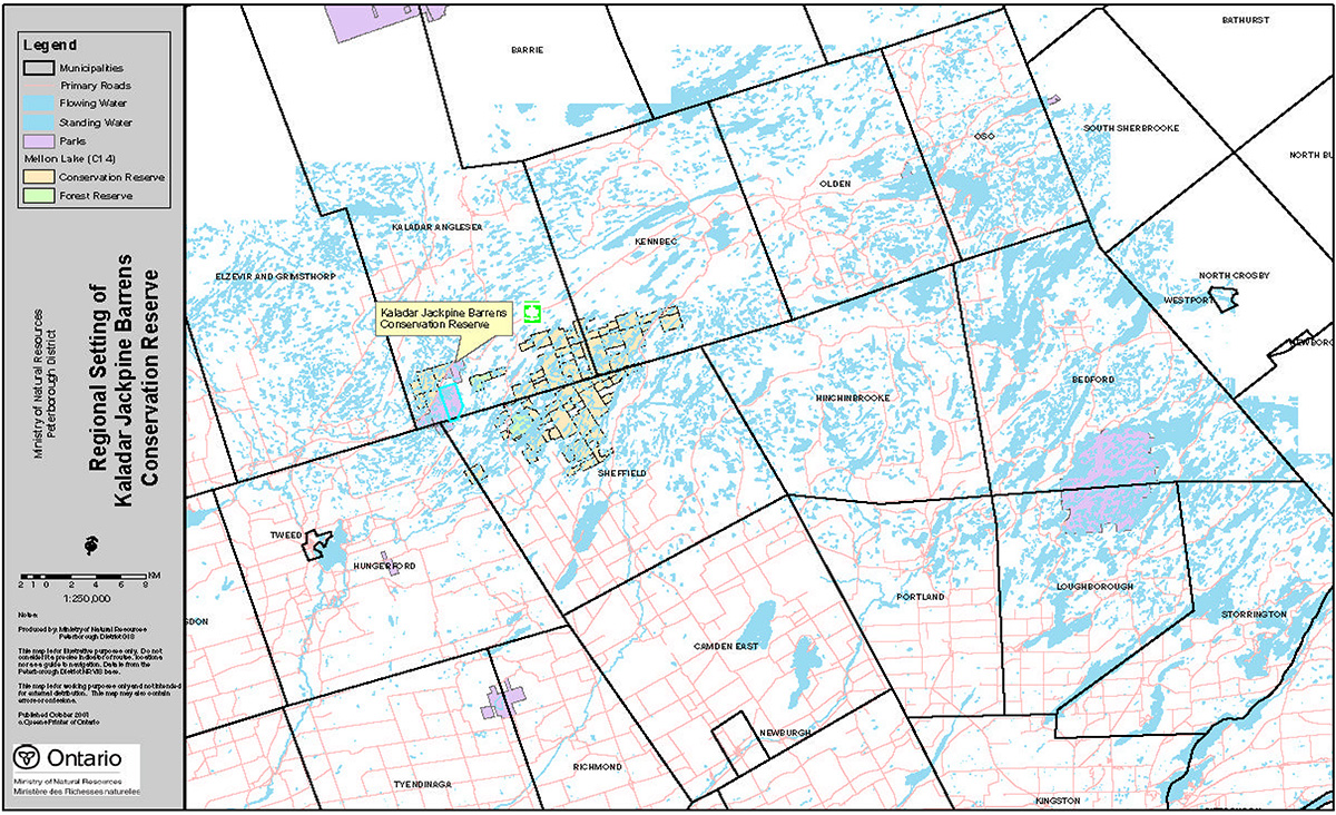 Map 1: Regional setting map of Kaladar Jack Pine Barrens Conservation Reserve